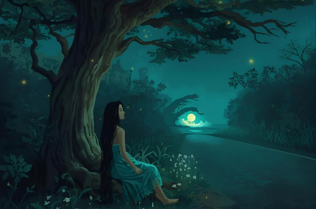 Xtabay peinándose bajo una ceiba en un camino nocturno con flores de xtabentún (Yucatán)