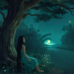 Xtabay peinándose bajo una ceiba en un camino nocturno con flores de xtabentún (Yucatán)