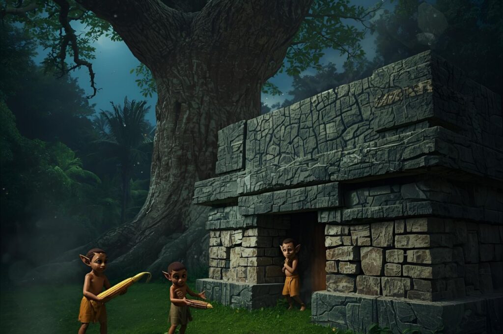 Aluxes diminutos junto a una casita de piedra al pie de una ceiba, con ofrendas de maíz y miel (leyenda maya)