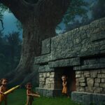 Aluxes diminutos junto a una casita de piedra al pie de una ceiba, con ofrendas de maíz y miel (leyenda maya)