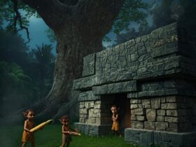 Aluxes diminutos junto a una casita de piedra al pie de una ceiba, con ofrendas de maíz y miel (leyenda maya)