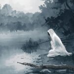 Figura velada junto a un río en la noche con niebla, La Llorona (leyenda)