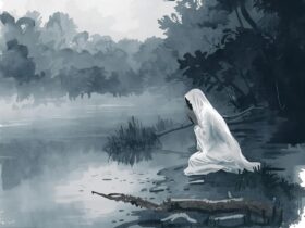 Figura velada junto a un río en la noche con niebla, La Llorona (leyenda)