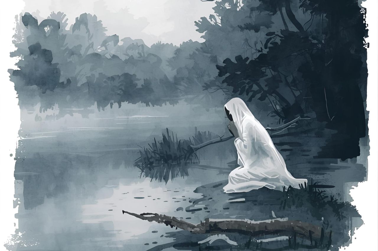 Figura velada junto a un río en la noche con niebla, La Llorona (leyenda)
